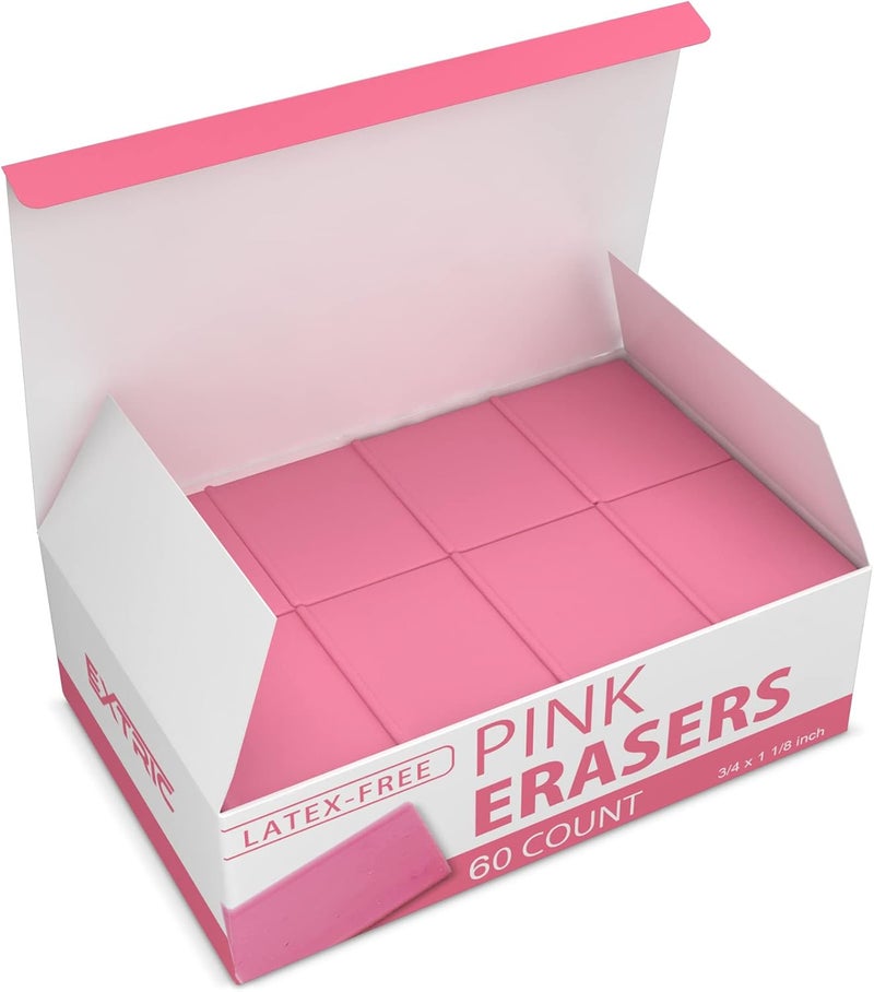 EXTRIC Pink Erasers, 60 Count, Latex Free Eraser for Kids, Square Eraser, Erasers Bulk for School Supplies, Art, and Office Use - Image 1
